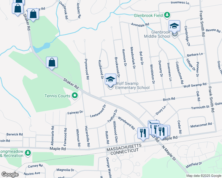 map of restaurants, bars, coffee shops, grocery stores, and more near 62 Wolf Swamp Road in Longmeadow