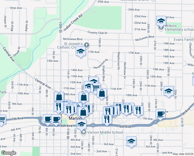 map of restaurants, bars, coffee shops, grocery stores, and more near 1130 English Boulevard in Marion