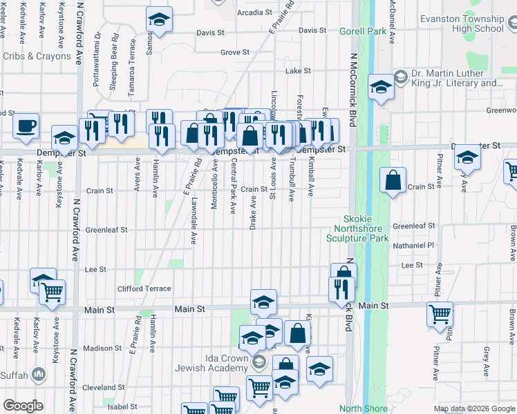 map of restaurants, bars, coffee shops, grocery stores, and more near 3540 Greenleaf Street in Skokie