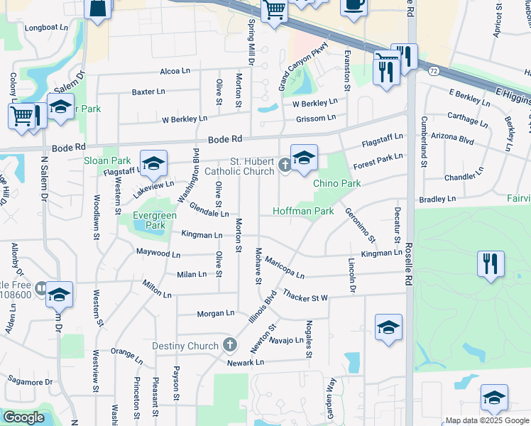 map of restaurants, bars, coffee shops, grocery stores, and more near 605 Mohave Street in Hoffman Estates