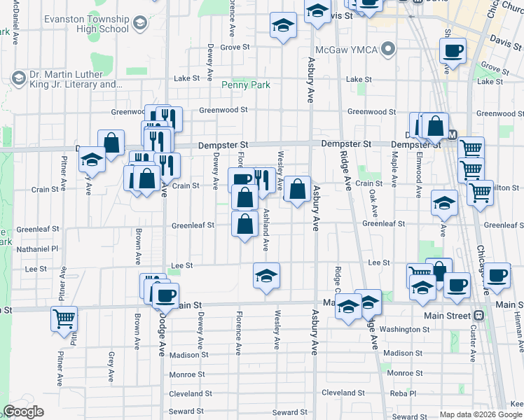 map of restaurants, bars, coffee shops, grocery stores, and more near 1426 Greenleaf Street in Evanston