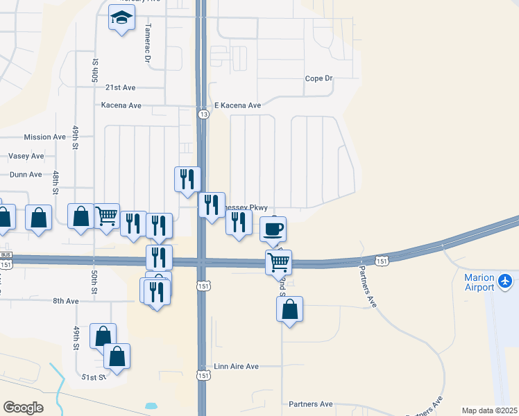 map of restaurants, bars, coffee shops, grocery stores, and more near 1201 Blackhawk Drive in Marion