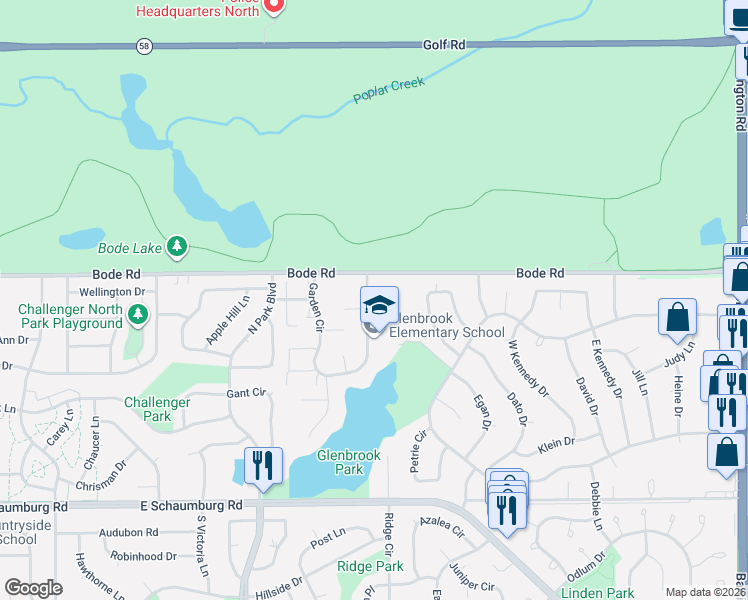 map of restaurants, bars, coffee shops, grocery stores, and more near 217 Garden Circle in Streamwood