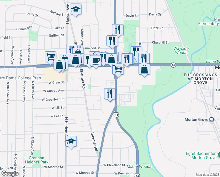 map of restaurants, bars, coffee shops, grocery stores, and more near 8700 Waukegan Road in Morton Grove
