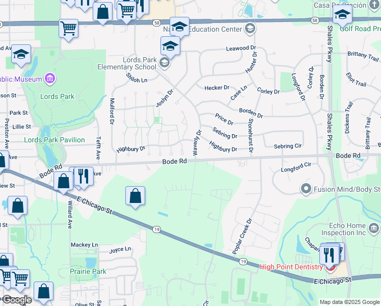map of restaurants, bars, coffee shops, grocery stores, and more near 127 Waverly Drive in Elgin