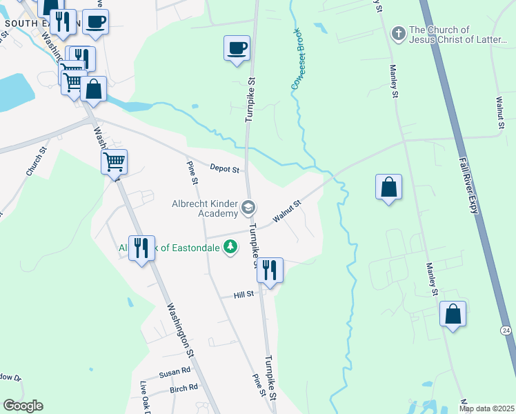 map of restaurants, bars, coffee shops, grocery stores, and more near 58 Turnpike Street in Easton