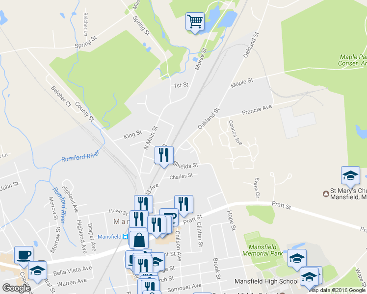 map of restaurants, bars, coffee shops, grocery stores, and more near 121 Oakland Street in Mansfield