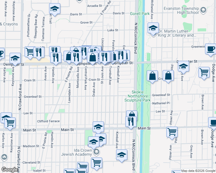 map of restaurants, bars, coffee shops, grocery stores, and more near 3457 Crain Street in Skokie