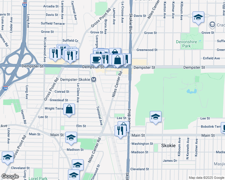 map of restaurants, bars, coffee shops, grocery stores, and more near 4903 Crain Street in Skokie