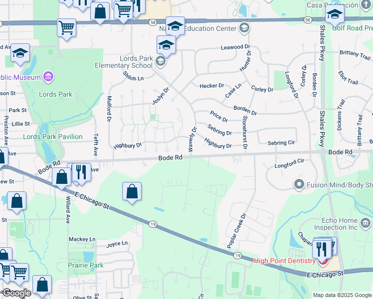 map of restaurants, bars, coffee shops, grocery stores, and more near 127 Waverly Drive in Elgin