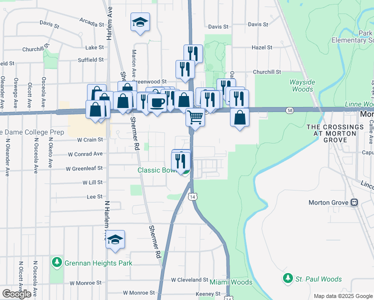 map of restaurants, bars, coffee shops, grocery stores, and more near 8700 Waukegan Road in Morton Grove