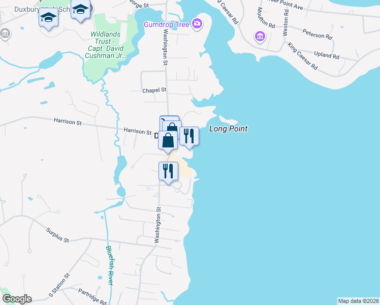 map of restaurants, bars, coffee shops, grocery stores, and more near 457 Washington Street in Duxbury