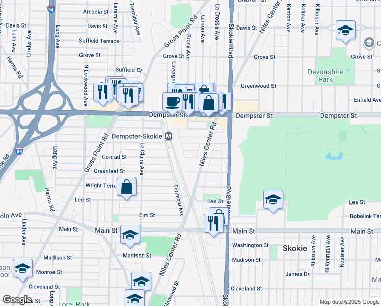 map of restaurants, bars, coffee shops, grocery stores, and more near 4906 Conrad Street in Skokie