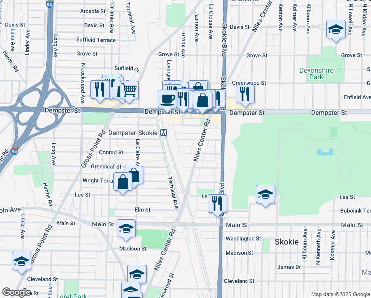 map of restaurants, bars, coffee shops, grocery stores, and more near 4903 Crain Street in Skokie