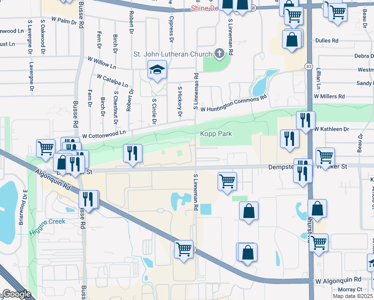map of restaurants, bars, coffee shops, grocery stores, and more near 702 Dempster Street in Mount Prospect