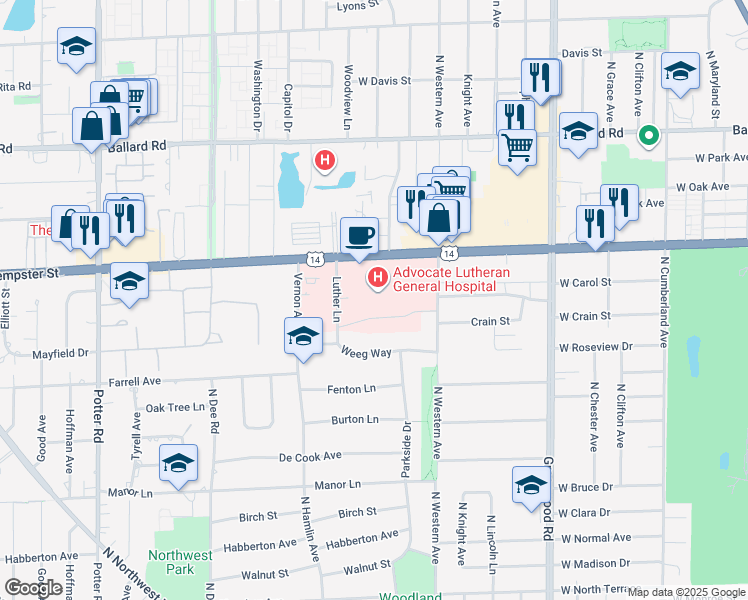 map of restaurants, bars, coffee shops, grocery stores, and more near 1775 Dempster Street in Park Ridge