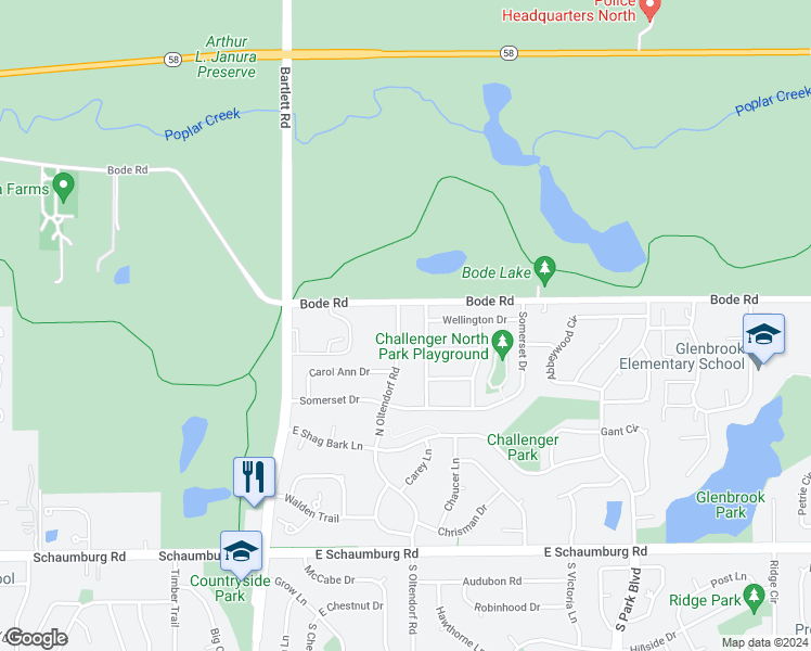 map of restaurants, bars, coffee shops, grocery stores, and more near 309 North Oltendorf Road in Streamwood