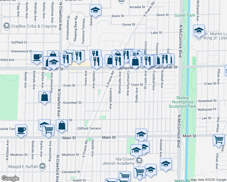map of restaurants, bars, coffee shops, grocery stores, and more near 3653 Crain Street in Skokie
