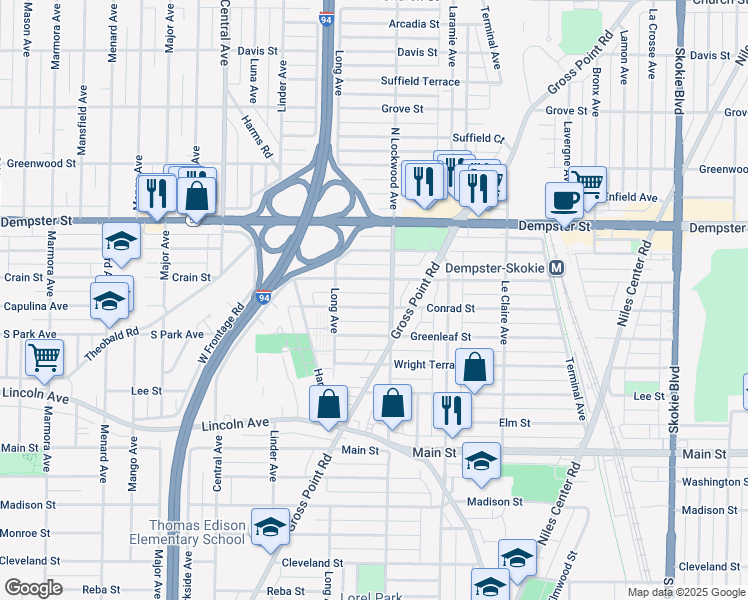 map of restaurants, bars, coffee shops, grocery stores, and more near 5327 Crain Street in Skokie