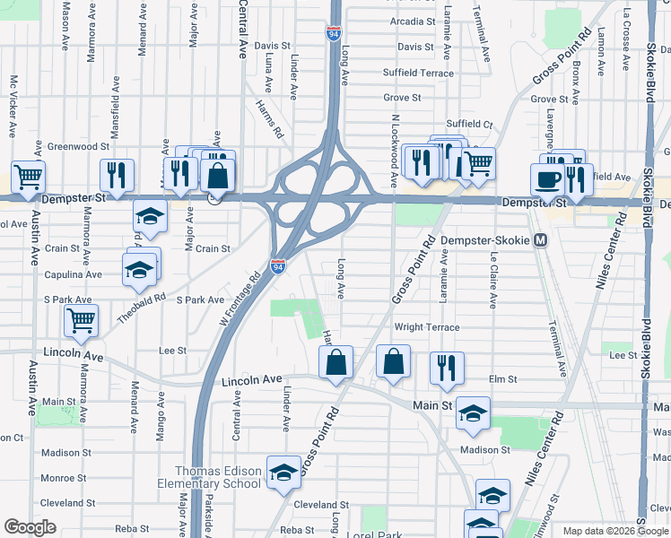 map of restaurants, bars, coffee shops, grocery stores, and more near 8650 Long Avenue in Skokie