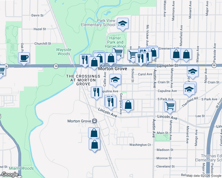 map of restaurants, bars, coffee shops, grocery stores, and more near 8648 Fernald Avenue in Morton Grove