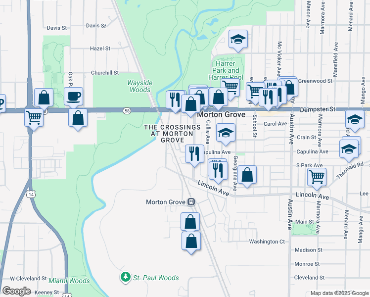 map of restaurants, bars, coffee shops, grocery stores, and more near 8660 Narragansett Avenue in Morton Grove