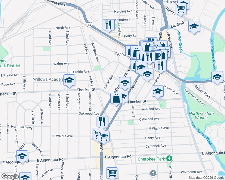 map of restaurants, bars, coffee shops, grocery stores, and more near 766 Graceland Avenue in Des Plaines