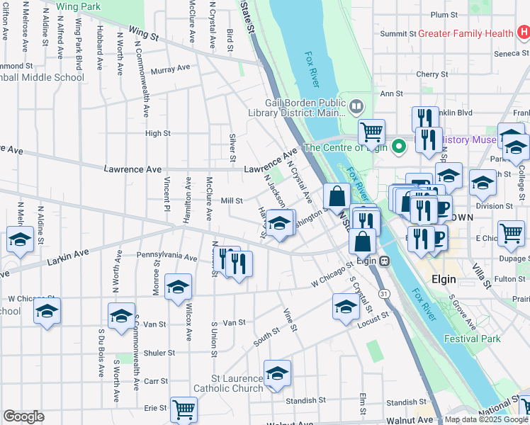 map of restaurants, bars, coffee shops, grocery stores, and more near 220 North Jackson Street in Elgin