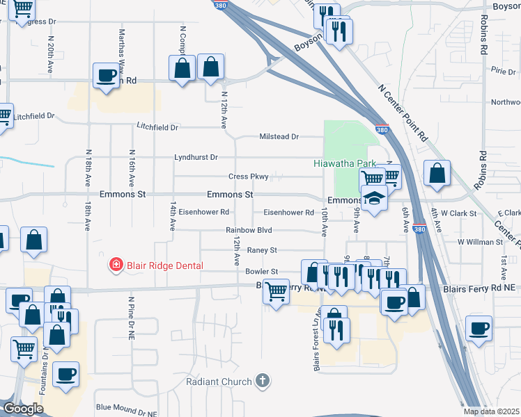 map of restaurants, bars, coffee shops, grocery stores, and more near 1092 Eisenhower Road in Hiawatha