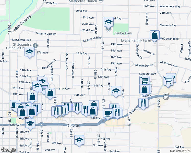 map of restaurants, bars, coffee shops, grocery stores, and more near 1198 26th Street in Marion