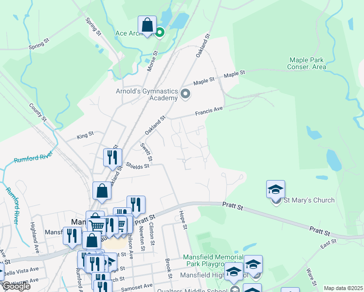 map of restaurants, bars, coffee shops, grocery stores, and more near 3 Francis Avenue in Mansfield