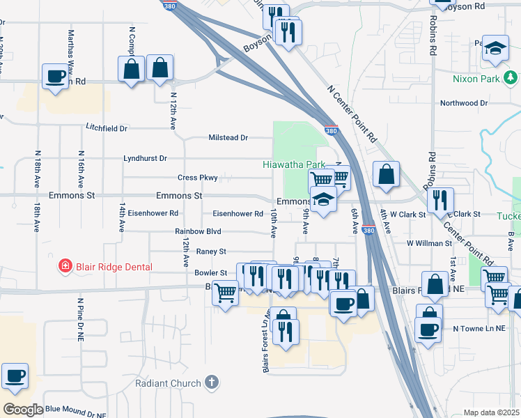 map of restaurants, bars, coffee shops, grocery stores, and more near 1022 Eisenhower Road in Hiawatha