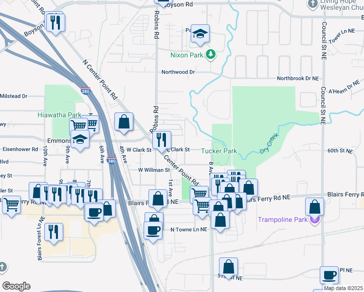 map of restaurants, bars, coffee shops, grocery stores, and more near 95 East Clark Street in Hiawatha