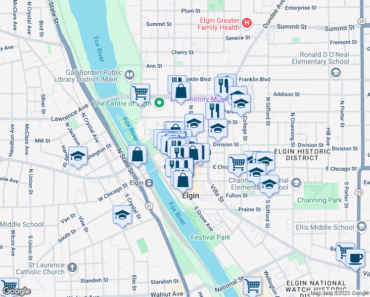 map of restaurants, bars, coffee shops, grocery stores, and more near 109 North Spring Street in Elgin