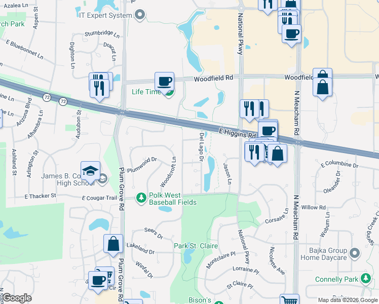 map of restaurants, bars, coffee shops, grocery stores, and more near 523 Verde Drive in Schaumburg