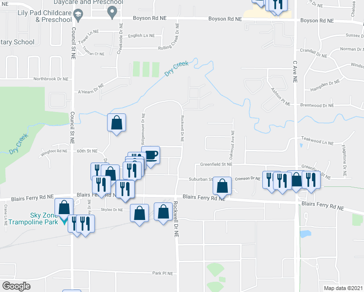 map of restaurants, bars, coffee shops, grocery stores, and more near 6272 Rockwell Drive Northeast in Cedar Rapids