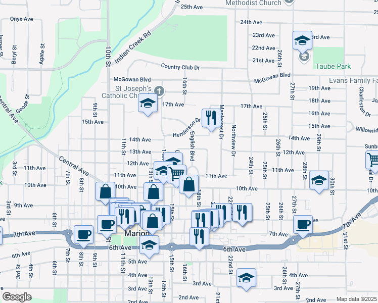 map of restaurants, bars, coffee shops, grocery stores, and more near 1300 English Boulevard in Marion