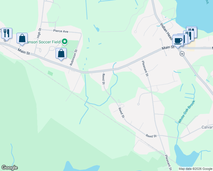 map of restaurants, bars, coffee shops, grocery stores, and more near 33 Reed Street in Hanson