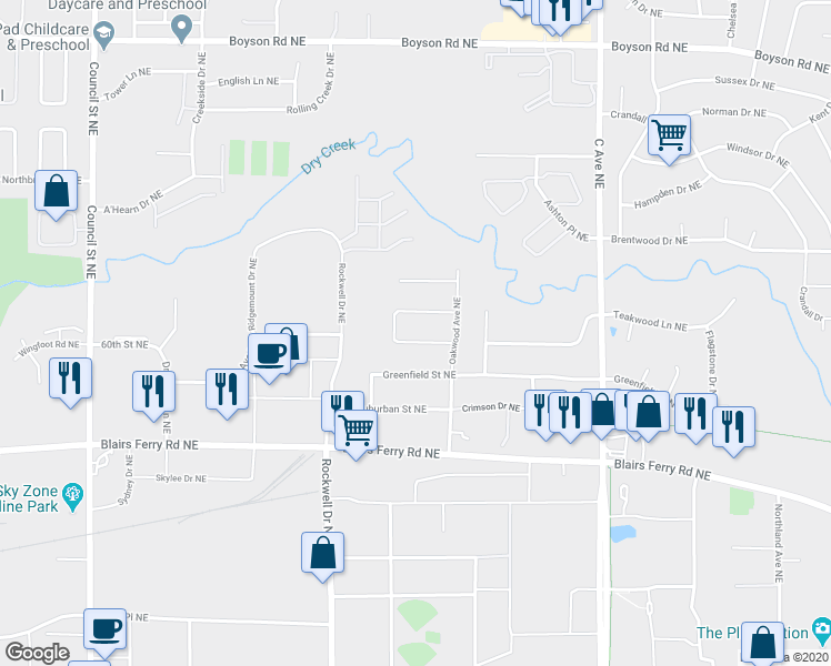map of restaurants, bars, coffee shops, grocery stores, and more near 802 Fernwood Drive Northeast in Cedar Rapids