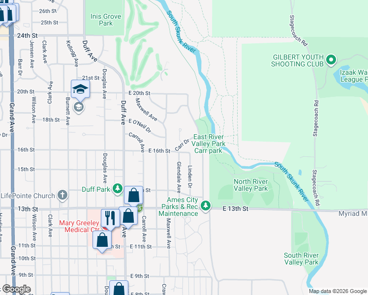 map of restaurants, bars, coffee shops, grocery stores, and more near 1609 Crestwood Circle in Ames