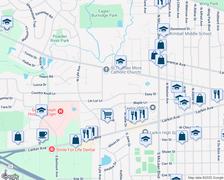 map of restaurants, bars, coffee shops, grocery stores, and more near 1658 Lin Lor Court in Elgin
