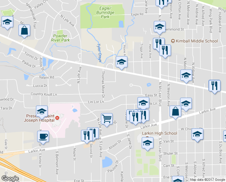 map of restaurants, bars, coffee shops, grocery stores, and more near 1658 Lin Lor Court in Elgin