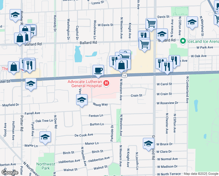 map of restaurants, bars, coffee shops, grocery stores, and more near in Park Ridge