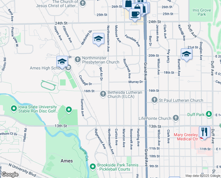map of restaurants, bars, coffee shops, grocery stores, and more near 1125 16th Street in Ames