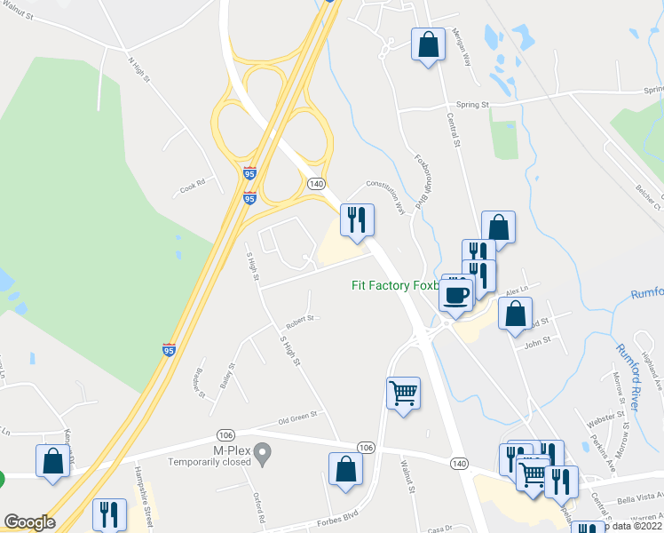 map of restaurants, bars, coffee shops, grocery stores, and more near 1 Fisher Street in Foxborough