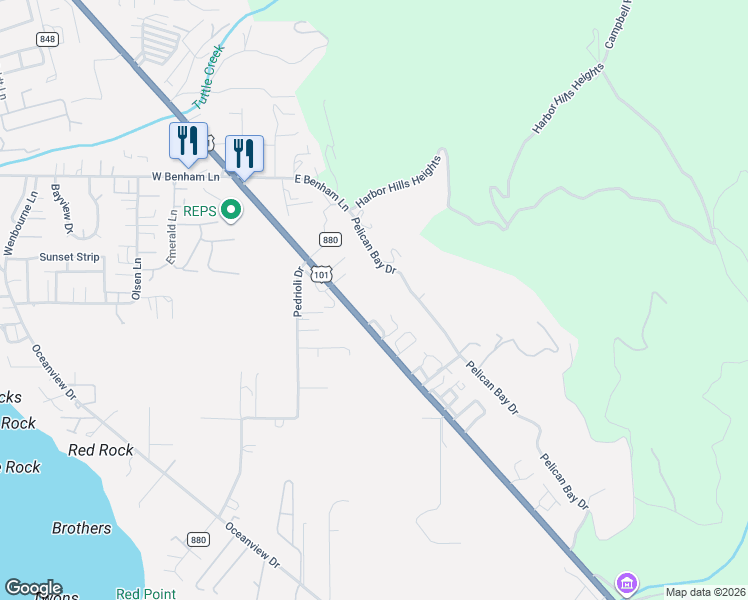 map of restaurants, bars, coffee shops, grocery stores, and more near 15848 Pelican Bay Drive in Brookings