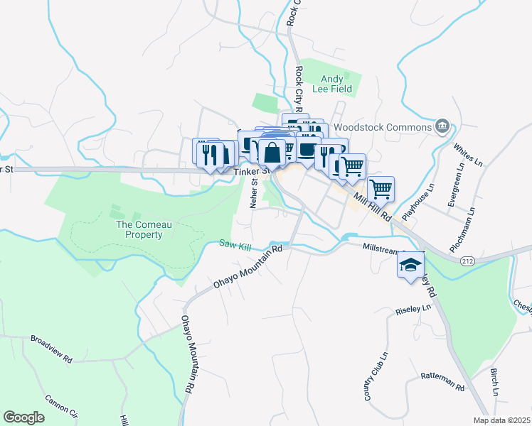 map of restaurants, bars, coffee shops, grocery stores, and more near 13 Neher Street in Woodstock