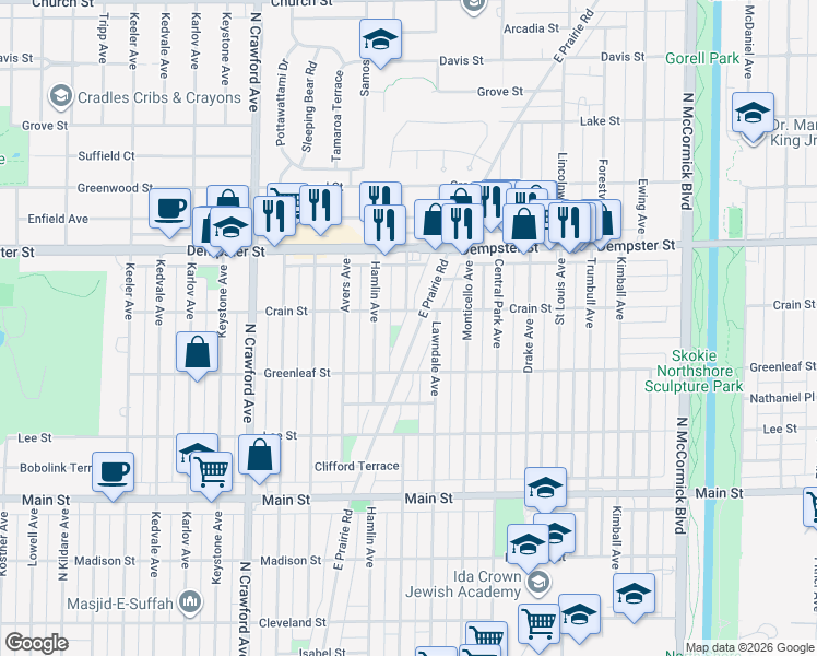map of restaurants, bars, coffee shops, grocery stores, and more near 8660 East Prairie Road in Skokie
