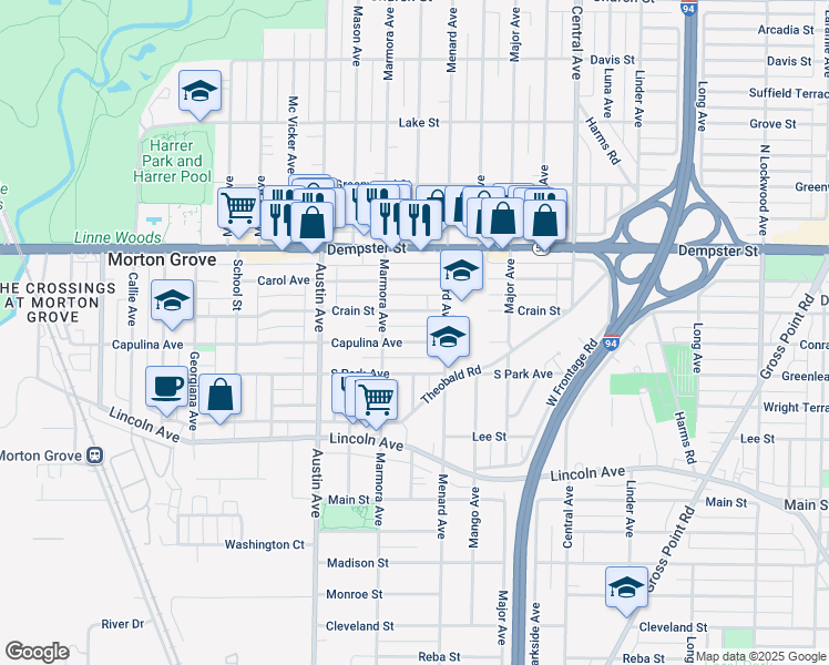 map of restaurants, bars, coffee shops, grocery stores, and more near 5821 Crain Street in Morton Grove