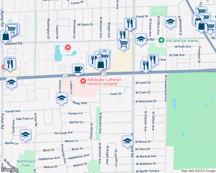 map of restaurants, bars, coffee shops, grocery stores, and more near 1424 Carol Street in Park Ridge